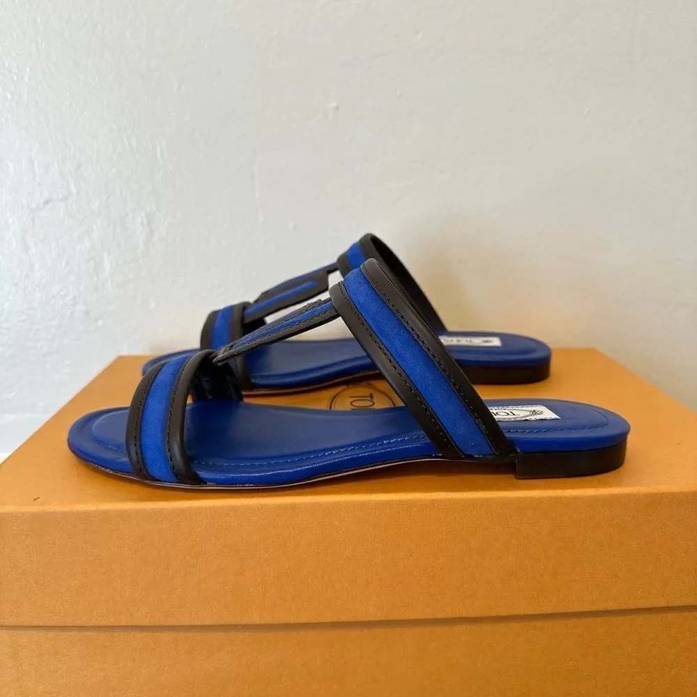 Tods Women’s open toe, slip-on leather blue stylish sandals size 7, NIB
